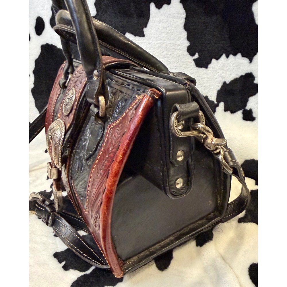 American West Tooled Leather Doctor Bag Western Crossbody Satchel Black Brown - Picture 8 of 9